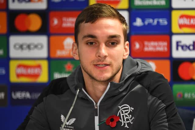 Rangers' US midfielder James Sands speaks during a press conference at Ibrox Stadium
