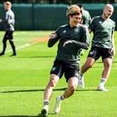 Celtic's Japanese striker Kyogo Furuhashi takes part in training session