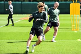 Celtic's Japanese striker Kyogo Furuhashi takes part in training session