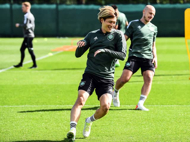 Celtic's Japanese striker Kyogo Furuhashi takes part in training session