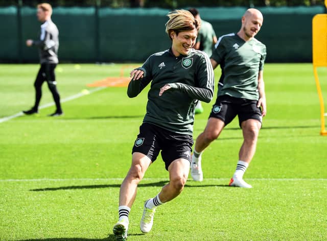 Celtic's Japanese striker Kyogo Furuhashi takes part in training session