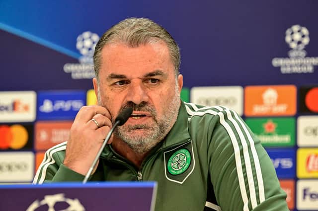 Celtic's Greek Australian head coach Ange Postecoglou addresses a press conference at the Santiago Bernabeu stadium in Madrid