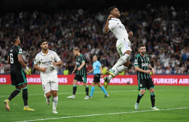 Rodrygo of Real Madrid celebrates after scoring their sides second goal from the penalty spot