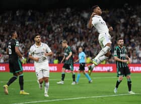 Rodrygo of Real Madrid celebrates after scoring their sides second goal from the penalty spot