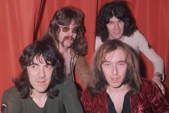 Scottish hard rock quartet Nazareth, comprising vocalist Dan McCafferty, guitarist Manny Charlton, bassist Pete Agnew, and drummer Darrell Sweet.  (Photo by Keystone/Getty Images)