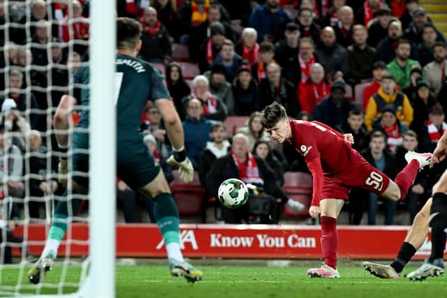 Ben Doak in action during the Carabao Cup Third Round match between Liverpool and Derby County