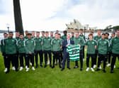 Minister for Tourism, Ben Franklin poses for a photo with the Celtic Football Club team during a Sydney Super Cup media opportunity at Hickson Rd Reserve 