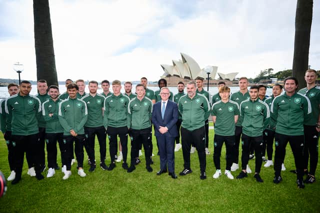 Ben Franklin poses for a photo with the Celtic squad during a Sydney Super Cup media event