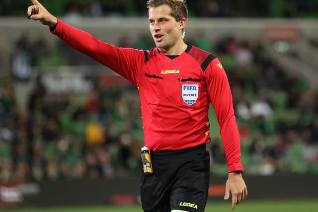 Referee Alex King gestures during the A-League Mens Elimination Final match between Western United and Wellington Phoenix at AAMI Park