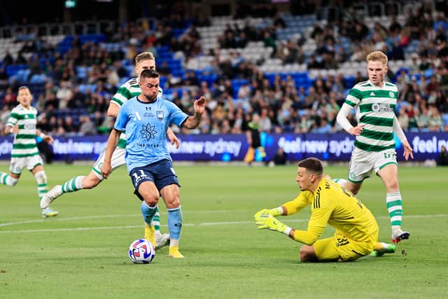 Robert Mak of Sydney FC has his shot saved by Benjamin Siegrist