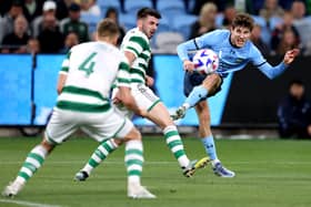 Max Burgess of Sydney shoots for goal during the Sydney Super Cup match against Celtic