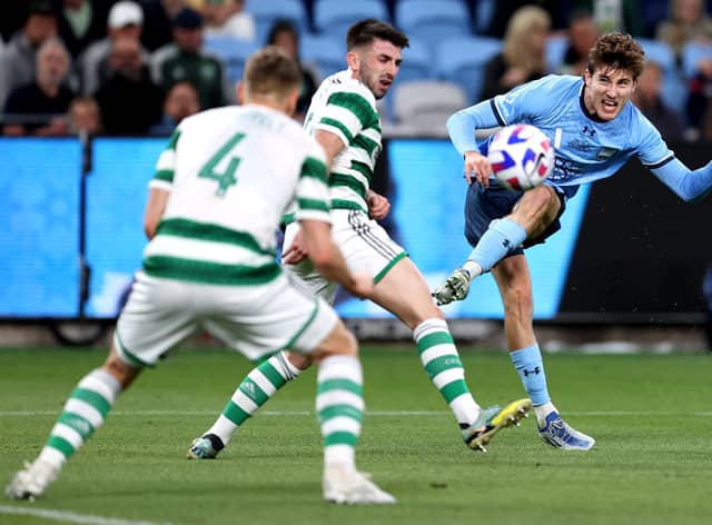 Max Burgess of Sydney shoots for goal during the Sydney Super Cup match against Celtic