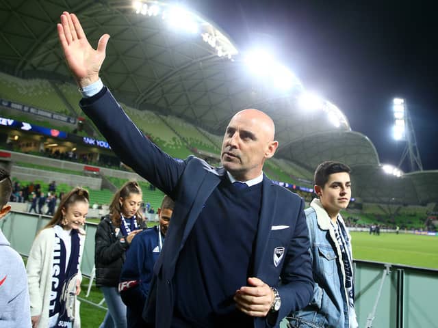 Melbourne Victory coach Kevin Muscat farewells the crowd after coaching his last match for the club