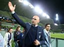 Melbourne Victory coach Kevin Muscat farewells the crowd after coaching his last match for the club