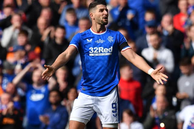 Antonio Colak celebrates after scoring the second goal of his team in the second half during the Cinch Scottish Premiership match between Rangers FC and Dundee United