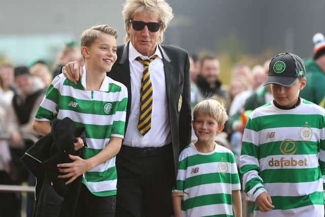 Rod Stewart passed on his love of Celtic to his children - pictured is his appearance at the Celtic - Hibs match on September 30, 2017