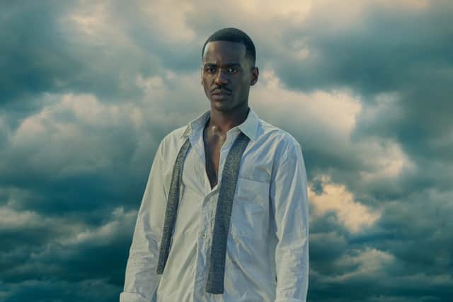 Ncuti Gatwa as the 15th Doctor in Doctor Who, wearing a white shirt with the collar open (Credit: BBC Studios)