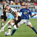 Germany’s defender Nico Schlotterbeck and Japan’s forward Daizen Maeda fight for the ball