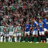 David Turnbull celebrates with teammates after scoring their team’s fourth goal during the Cinch Scottish Premiership match between Celtic FC and Rangers FC at Celtic Park Stadium on September 03, 2022 in Glasgow, Scotland