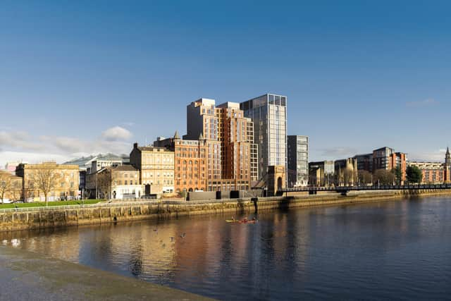 A digital representation of how the Motto building will fit in with the existing skyline along the River Clyde.