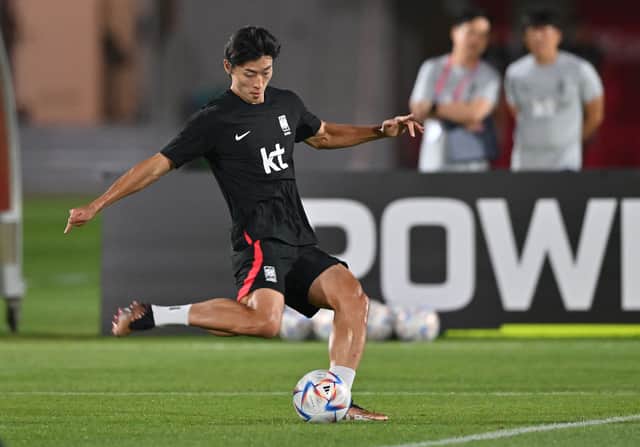 South Korea's forward Cho Gue-sung takes part in a training session at Al Egla Training Site 5 in Doha