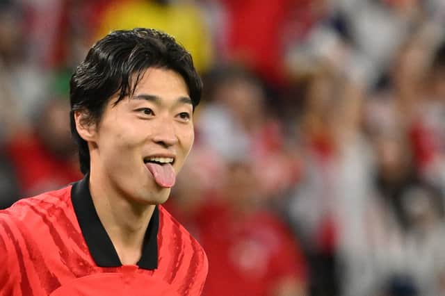 South Korea’s forward Cho Gue-sung celebrates scoring his team’s first goal during the Qatar 2022 World Cup Group H football match against Ghana at the Education City Stadium 