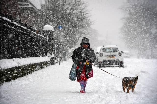 A woman walks a dog through the snow in Glasgow in 2021.  (Photo by Andy Buchanan / AFP) (Photo by ANDY BUCHANAN/AFP via Getty Images)