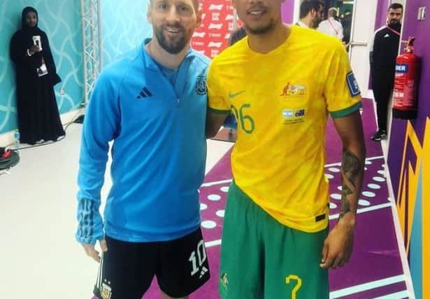 Keanu Baccus poses for a selfie with Lionel Messi after full-time (Image: Keanu Baccus/Instagram)