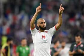 Aissa Laidouni of Tunisia applauds fans after the 1-0 win during the FIFA World Cup Qatar 2022 Group D match against France