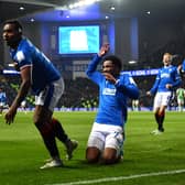 Alfredo Morelos of Rangers celebrates after scoring his team's third goal 