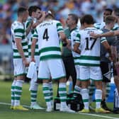 Celtic players have drinks break during the Sydney Super Cup match between Celtic and Everton at Accor Stadium 