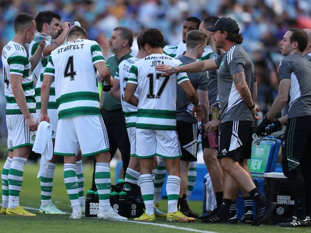 Celtic players have drinks break during the Sydney Super Cup match between Celtic and Everton at Accor Stadium 