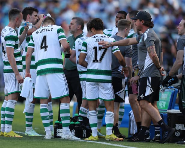 Celtic players have drinks break during the Sydney Super Cup match between Celtic and Everton at Accor Stadium 