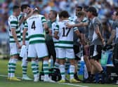 Celtic players have drinks break during the Sydney Super Cup match between Celtic and Everton at Accor Stadium 