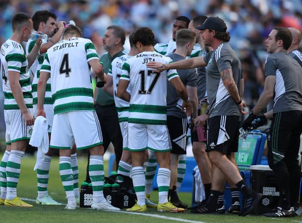 Celtic players have drinks break during the Sydney Super Cup match between Celtic and Everton at Accor Stadium 