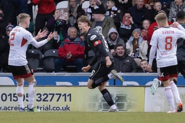 St Mirren captain Mark O’Hara wheels away in celebration after making it 2-1 against Aberdeen (Image: SNS Group)