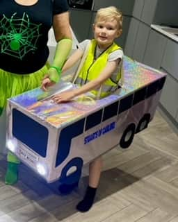 Max in his Stuarts Coaches Halloween costume that his mum Fiona helped make