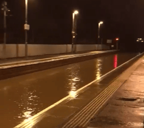 The track at Bowling Station in Glasgow was entirely submerged this morning due to heavy rain. (Pic: National Rail)
