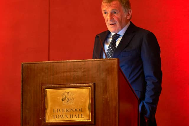 Sir Kenny Dalglish speaks as Liverpool manager Jurgen Klopp receives the freedom of the City of Liverpool at Liverpool Town Hall on November 2, 2022 in Liverpool, England. (Photo by Nick Taylor/Liverpool FC/Liverpool FC via Getty Images)