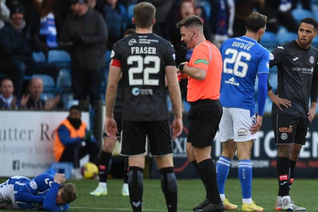 St Mirren midfielder Ethan Erhahon is sent off after catching Kilmarnock’s Rory McKenzie in the face with his arm