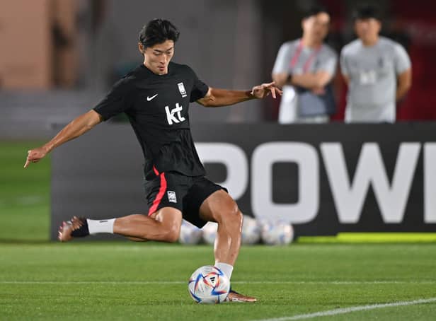 <p>South Korea's forward Cho Gue-sung takes part in a training session at Al Egla </p>