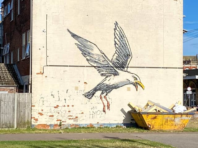A Banksy mural in Lowestoft, Suffolk of a seagull eating a large ‘chip’ from a skip had been plundered by opportunists who were trying to sell two ‘polystyrene fries’ to art dealers.