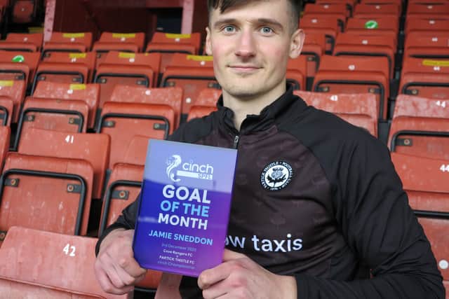 Partick Thistle goalkeeper Jamie Sneddon has upstaged the top strikers in the Scottish game by winning the cinch SPFL Goal of the Month award for December (Image: Roddy Mackenzie/Final Whistle Media)