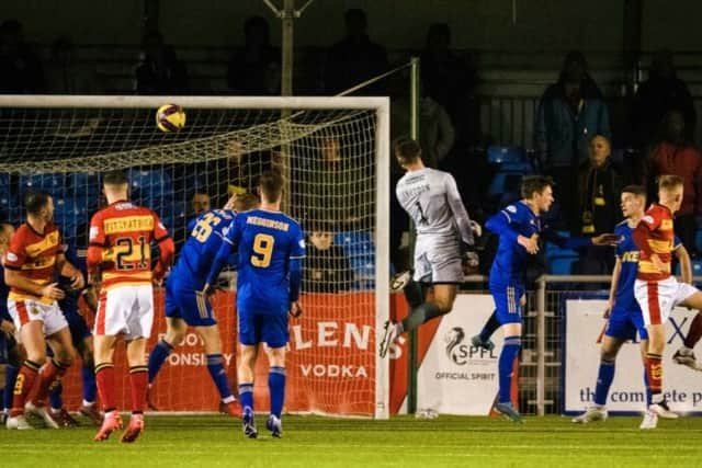  Partick Thistle Goalkeeper Jamie Sneddon scores a dramatic late equaliser at Balmoral Stadium