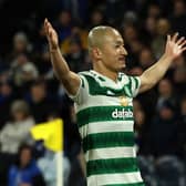 Daizen Maeda celebrates after scoring the team’s first goal during the Viaplay Cup Semi-final match between Celtic and Kilmarnock at Hampden Park 