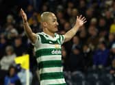 Daizen Maeda celebrates after scoring the team’s first goal during the Viaplay Cup Semi-final match between Celtic and Kilmarnock at Hampden Park 
