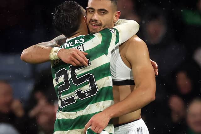 Giorgos Giakoumakis of Celtic celebrates with team-mate Alexandro Bernabei after scoring his team’s second goal