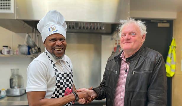 <p>Ian Hamilton with head chef Tuoyo Ayiku in Larkhall</p>
