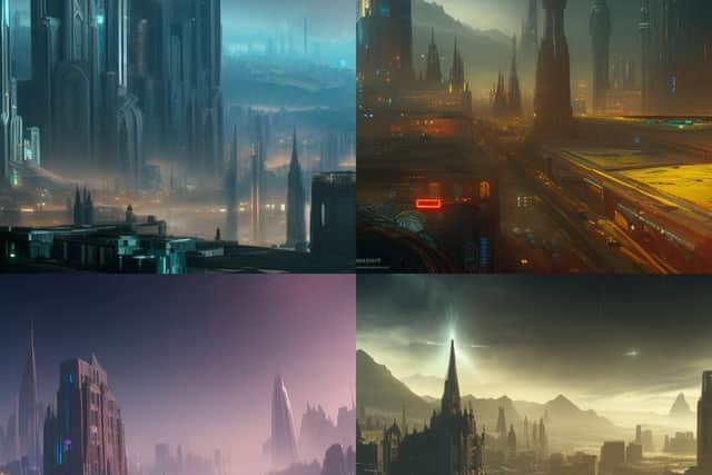 A grid of four images created by an AI with the prompt ‘Glasgow in the Sci-fi future’