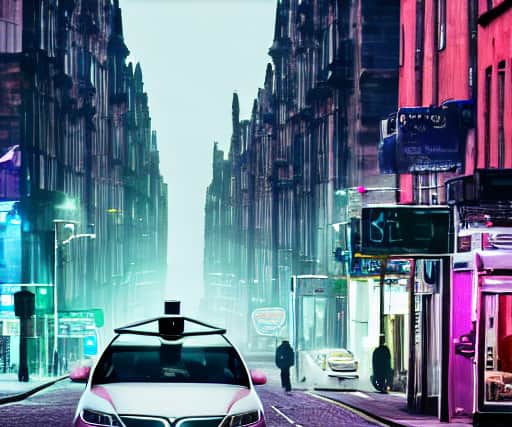 A self-driving car driving down Argyle Street as imagined by Hotpot.ai